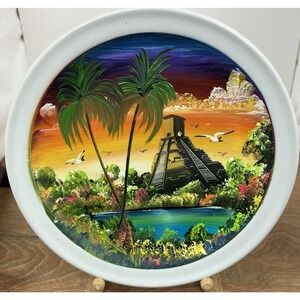 Hand Painted Folk Art Plate Mayan Ruins Santa Anita, Mexico, Acrylic Painting